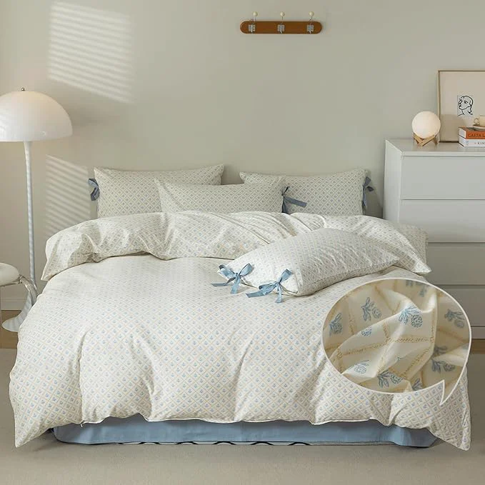 Fashionable VM VOUGEMARKET Blue Flower Duvet Cover Queen with Plaid Grid Prints Cotton Bedding Set Aesthetic Comforter Cover for Girls Women 90x90 Inch Quality