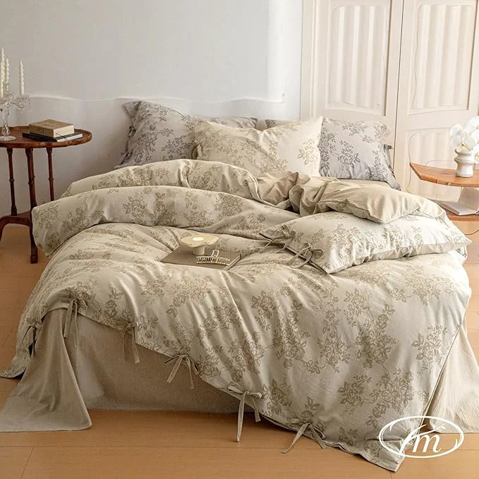 Expertly Made VM VOUGEMARKET Garden Floral Duvet Cover Queen 3 Pcs Yarn-Dyed Jacquard Textured Duvet Cover with Bowknot Retro Monet Style Bedding Set-90 quot x90 quot Khaki Professional