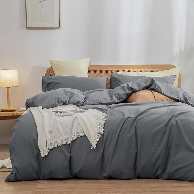 Eco-Friendly OUCH Duvet Cover Set Washed Cotton Linen Feel Super Soft Comfortable Chic Lightweight 3 PCs Home Bedding Set Solid Quiet Shade Grey Oversized Queen High-End