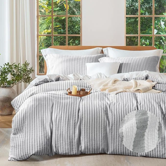 Solid MILDLY Grey Striped Duvet Cover - Washed Cotton Jacquard Textured Comforter Cover with Dual Zipper Closure amp 8 Coner Ties Green