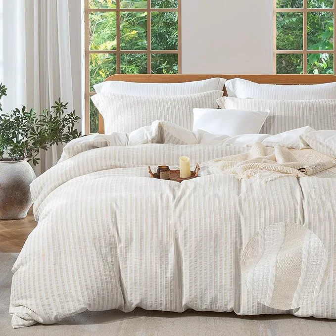 Verified MILDLY Linen Grey Striped Duvet Cover - Washed Cotton Jacquard Boho Textured Comforter Cover 2pcs with Corner Ties Zipper Closure 68 quot x90 quot Breathable