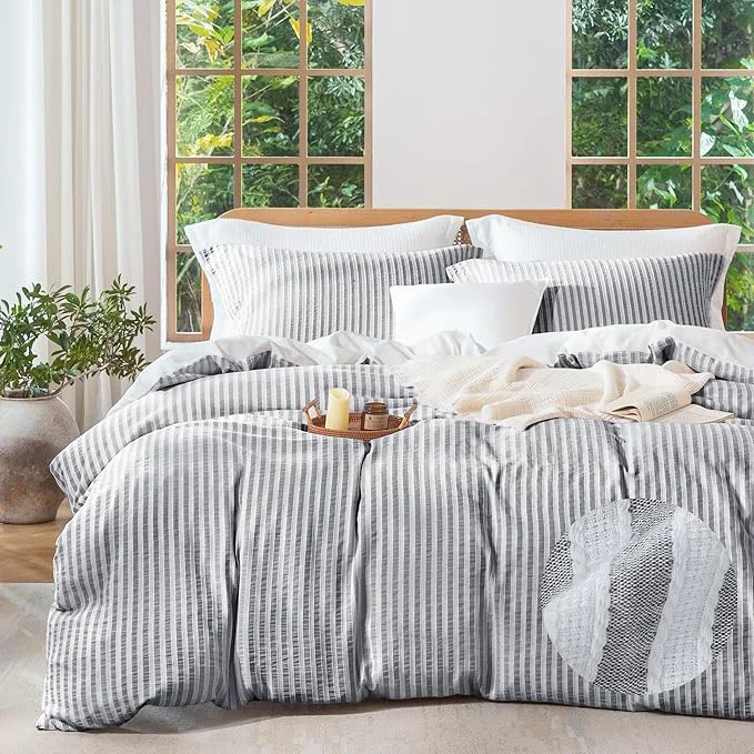 High-Quality MILDLY Dark Grey Striped Duvet Cover - Washed Cotton Jacquard Textured Comforter Cover with Dual Zipper Closure amp 8 Coner Ties Minimalist