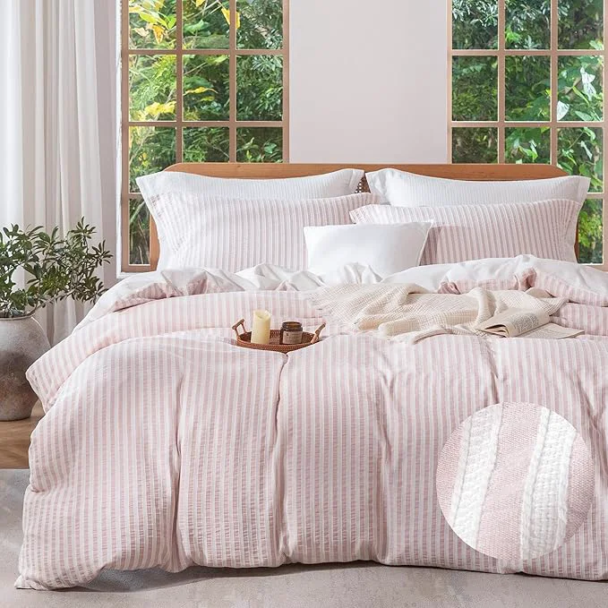 Solid MILDLY Pink Striped Duvet Cover - Washed Cotton Jacquard Boho Textured Comforter Cover 3pcs with Corner Ties Zipper Closure 90 quot x90 quot High-Performance