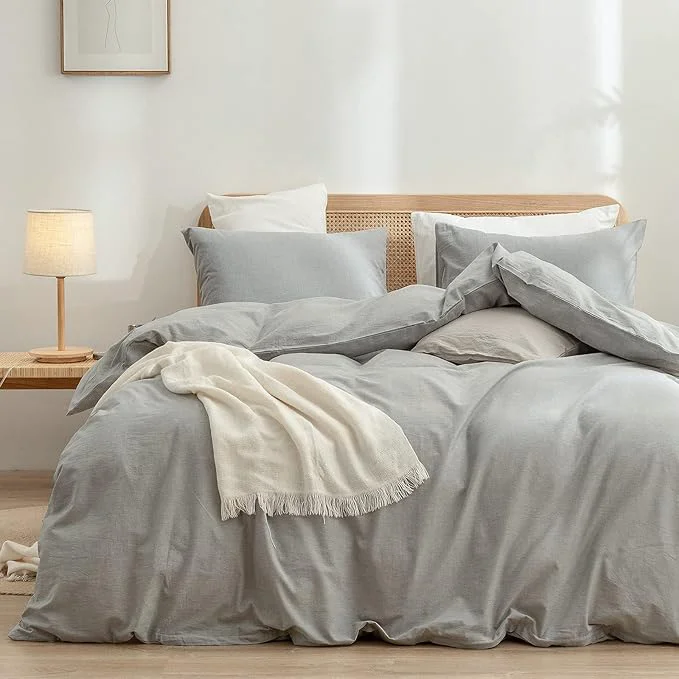 Certified OUCH Duvet Cover Set Washed Cotton Linen Feel Super Soft Comfortable Chic Lightweight 3 PCs Home Bedding Set Solid Light Grey Oversized Queen Versatile