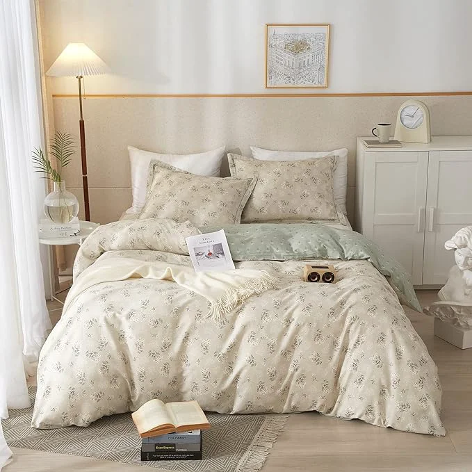 Contemporary VM VOUGEMARKET Floral Bedding Twin Reversible Gray Beige Flower Duvet Cover Set Cottagecore Duvet Cover Matching 2 Pillowcases Cotton Chic Girls Bedding Set -Twin 68 quot x86 quot Secure