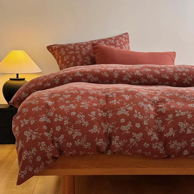 Easy-to-Use VM VOUGEMARKET Linen Cotton Duvet Cover Set Queen Size Rust Red Floral Print Double Layer Gauze Soft Breathable Bedding Set with Zipper Closure 3 Pieces 1 Duvet Cover 2 Pillow Shams Green