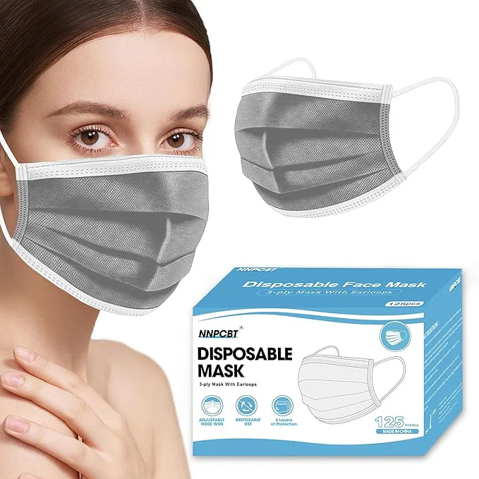 NNPCBT Grey Disposable Face Masks 125 Pack 3-Ply Breathable Mask Recyclable