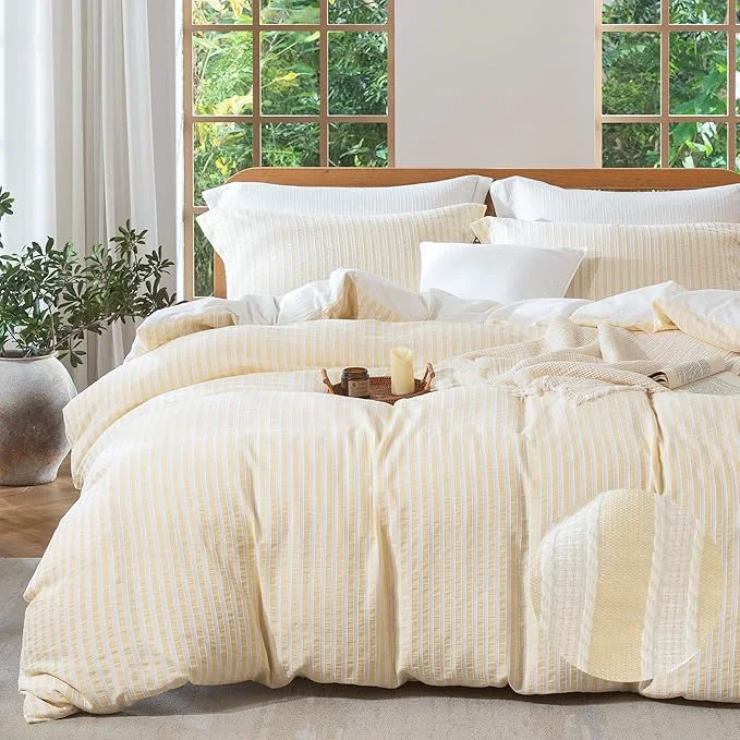 Lightweight MILDLY Yellow Striped Duvet Cover - Washed Cotton Jacquard Textured Comforter Cover with Dual Zipper Closure amp 8 Coner Ties Natural