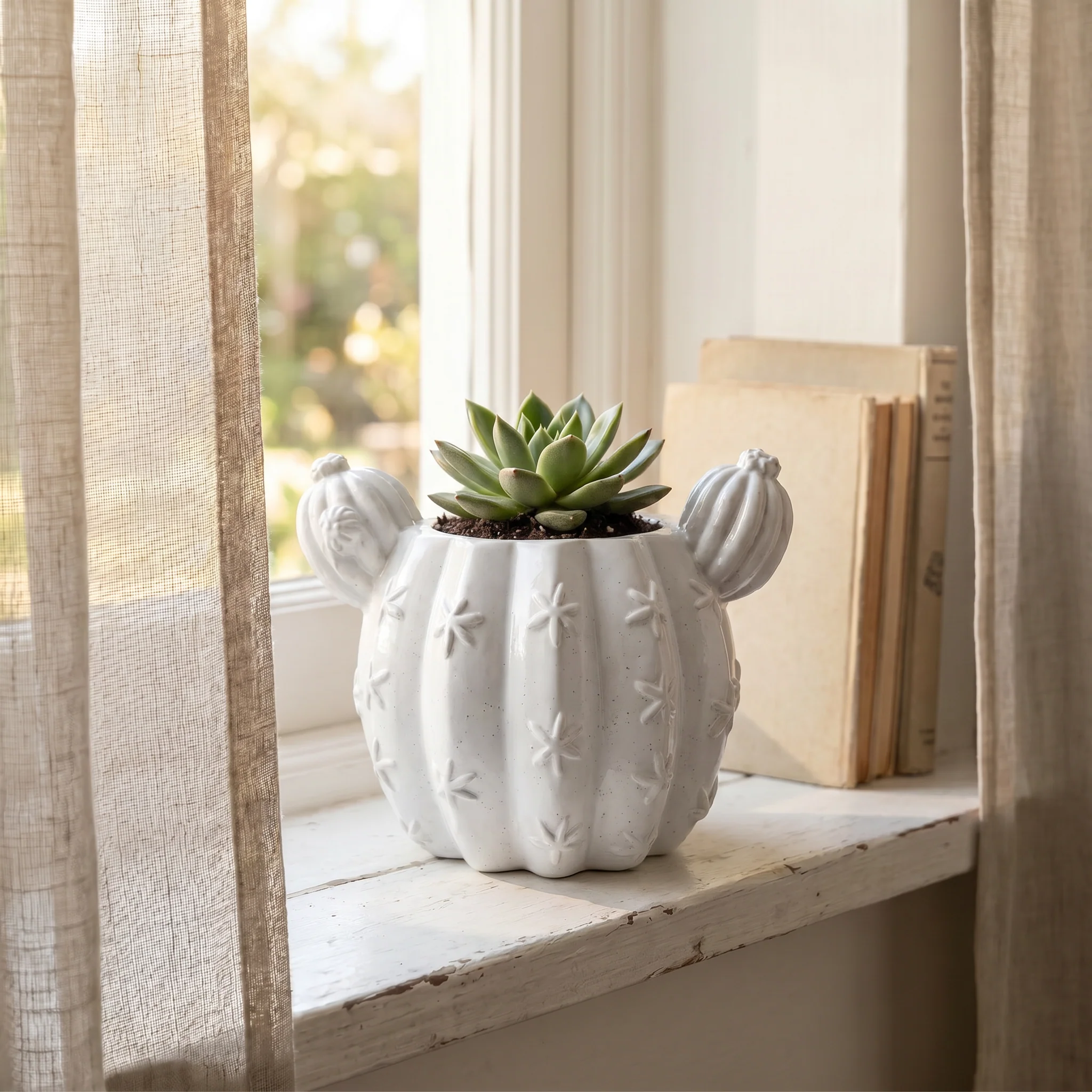 Next-Generation Barrel Cactus Planter Gypsum White 3.5 quot High-End