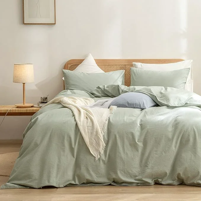Reusable OUCH Duvet Cover Set Washed Cotton Linen Feel Super Soft Comfortable Chic Lightweight 2 PCs Home Bedding Set Solid Sage Green Twin Twin XL Responsible