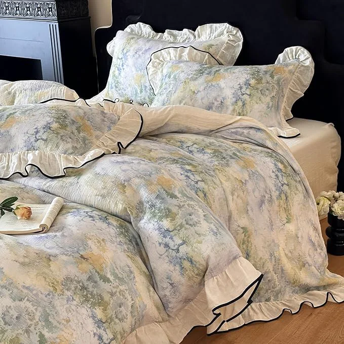 Durable VM VOUGEMARKET Muslin Cotton Duvet Cover Set King Shabby Watercolor Duvet Cover with Ruffles Soft Linen Like Gauze Comforter Cover with Zip Closure and Corner Ties- 104 quot x90 quot Smooth
