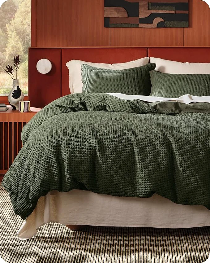 Carefully Designed Bedsure Cotton Duvet Cover Set - Cotton Waffle Weave Olive Green Duvet Cover Oversized Queen Size GentleSoft™ and Breathable Bedding Set for All Season 3 Pieces 98 quot x98 quot Sustainable