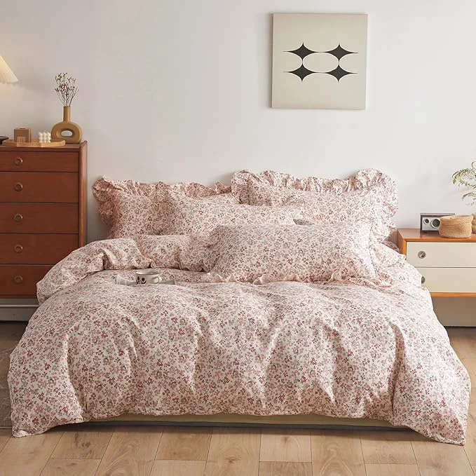 Outstanding VM VOUGEMARKET Girls Duvet Cover with Pink Red Flower Pattern Cotton Elegant Floral Bedding Set Queen Cottagecore Comforter Cover Set with Ruffle Pillowcases 3 pcs 90x90 Inch Prestigious