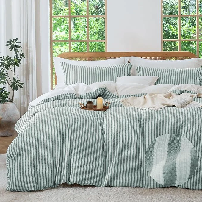 Smooth MILDLY Emerald Striped Duvet Cover - Washed Cotton Jacquard Boho Textured Comforter Cover 3pcs with Corner Ties Zipper Closure 104 quot x90 quot Flexible