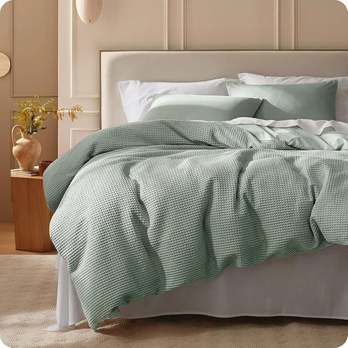 Next-Generation Bedsure Cotton Duvet Cover Queen Size - Cotton Waffle Weave Sage Green Duvet Cover PureWoven Textured Breathable Bedding Comforter Cover for All Season 1 Duvet Cover Only 90 quot x90 quot