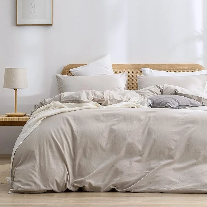Flexible OUCH Duvet Cover Set Washed Cotton Linen Feel Super Soft Comfortable Chic Lightweight 3 PCs Home Bedding Set Solid Linen Grey Super Queen Contemporary