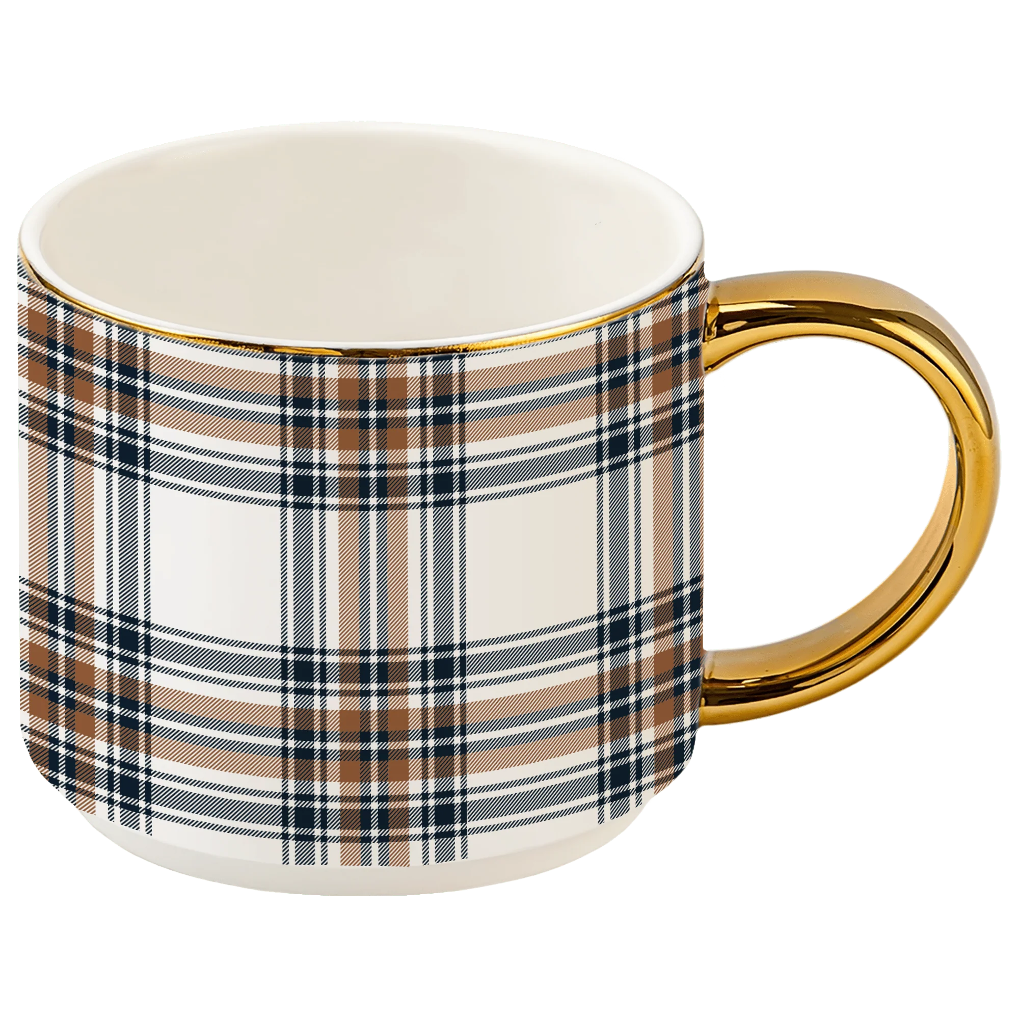Natural Orange Navy Plaid 14 oz Gold Handle Coffee Mug Versatile