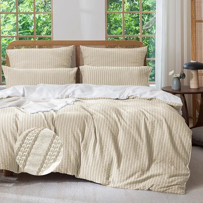 Crafted MILDLY Jacquard Stripe Duvet Cover - Washed Cotton Khaki Boho Textured Comforter Cover Set with Zipper Closure 90 quot x90 quot Quality