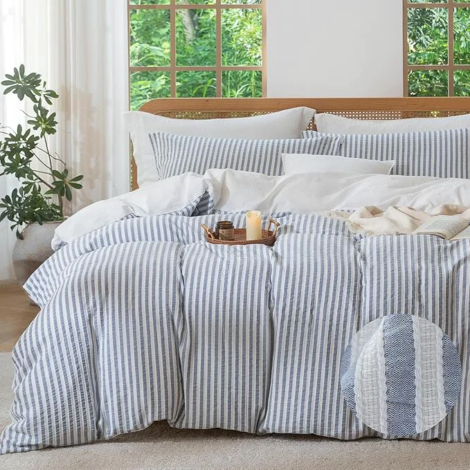 Innovative MILDLY Blue Striped Duvet Cover - Washed Cotton Jacquard Textured Comforter Cover with Dual Zipper Closure amp 8 Coner Ties Next-Generation