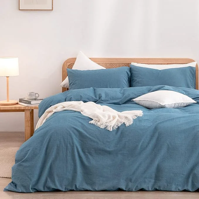 Eco-Friendly OUCH Duvet Cover Set Washed Cotton Linen Feel Super Soft Comfortable Chic Lightweight 3 PCs Home Bedding Set Solid Dark Blue Full Double Reliable