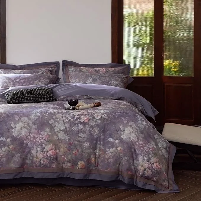 Soft VM VOUGEMARKET Garden Flower Bedding Set King Smooth Long Staple Cotton Duvet Cover with Purple Floral Pattern Vintage Cottage Botanical Comforter Cover for Spring Summer Long-Lasting