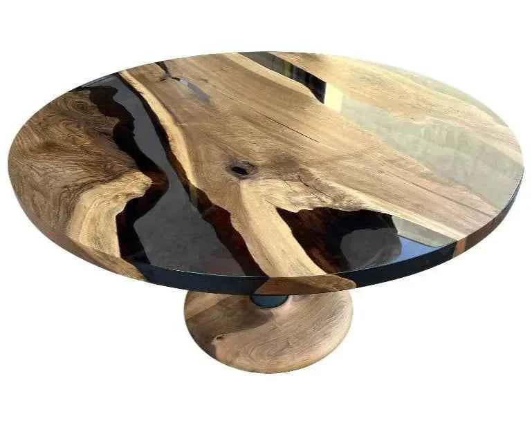 Traditional Custom Round Epoxy Resin Walnut Dining - Kitchen Table With Wood Base Outstanding