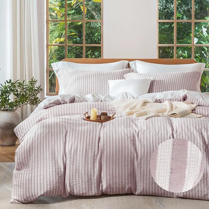 Sophisticated MILDLY Pale Mauve Striped Duvet Cover - Washed Cotton Jacquard Textured Comforter Cover with Dual Zipper Closure amp 8 Coner Ties Specialty