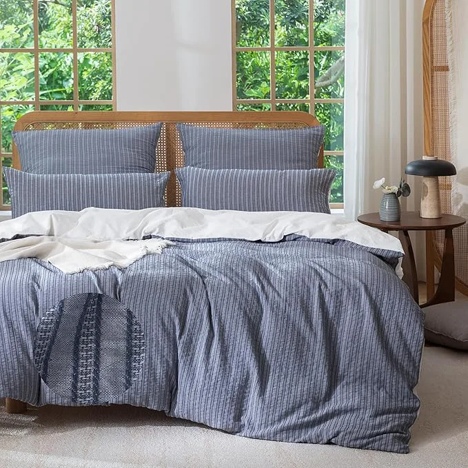 Unique MILDLY Jacquard Stripe Duvet Cover - Navy Blue Washed Cotton Boho Textured Comforter Cover Set with Zipper Closure 68 quot x90 quot First-Class