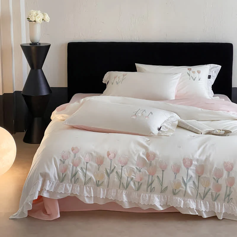 Detailed Ownkoti Tulip Embroidery Ruffled Lace Cotton Bedding 4PCS User-Friendly