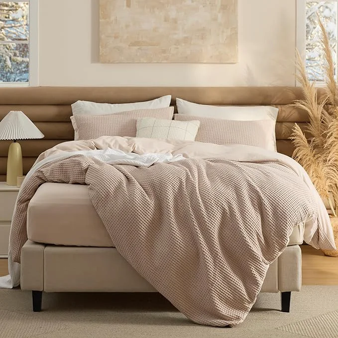 Efficient Bedsure Cotton Duvet Cover Queen Size with Fitted Sheet - 4 Pieces Khaki Waffle Weave Bedding Set GentleSoft™ and Breathable Includes 1 Duvet Cover 90x90 1 Fitted Sheet 2 Pillow Shams Luxury