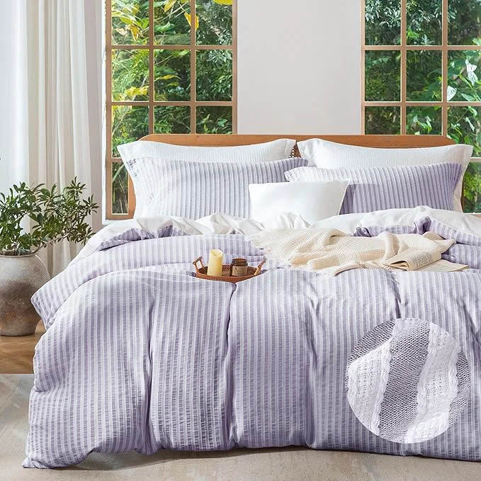 Advanced MILDLY Purple Striped Duvet Cover - Washed Cotton Jacquard Textured Comforter Cover with Dual Zipper Closure amp 8 Coner Ties Soft