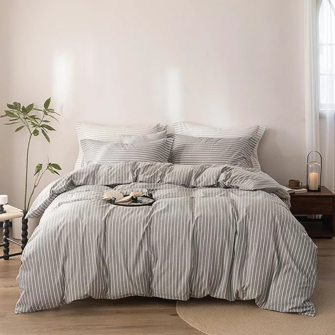 Casual Stripe Duvet Cover Super King Size 108inch x 98inch Washed Cotton Linen Feel Duvet Cover with Zipper Closure and 2 Pillowcases Color of Grey-White Stripe Easy-to-Use