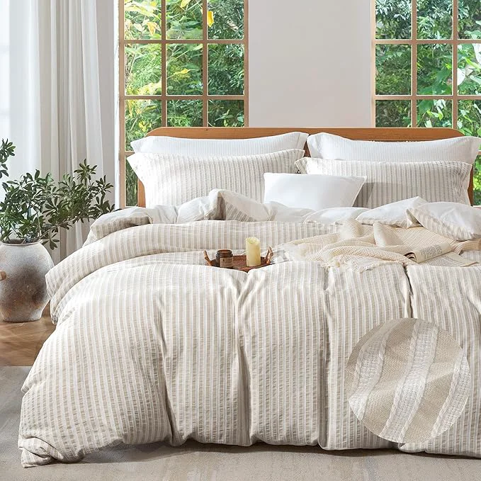 Durable MILDLY Khaki Striped Duvet Cover - Washed Cotton Jacquard Textured Comforter Cover with Dual Zipper Closure amp 8 Coner Ties Verified