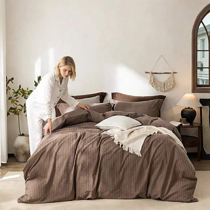 Certified Stripe Duvet Cover King Size 104inch x 90inch Washed Cotton Pinstripe Duvet Cover with Zipper Closure and 2 Pillowcases Color of Light Brown-Black Stripe Genuine