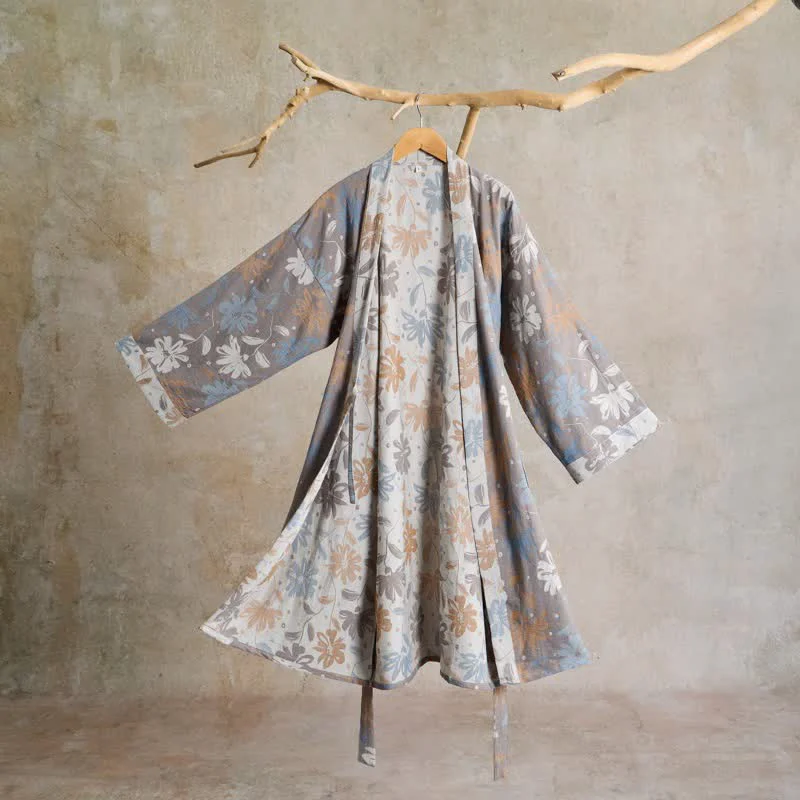 Clean Ownkoti Gray Floral Cotton Gauze Kimono Robe Lightweight