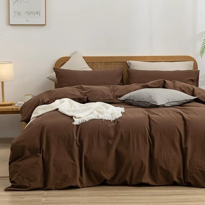 Artisan OUCH Duvet Cover Set Washed Cotton Linen Feel Super Soft Comfortable Chic Lightweight 3 PCs Home Bedding Set Solid Cocoa Brown Full Double Stylish