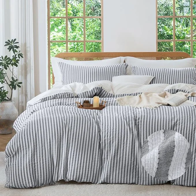 Quality MILDLY Dark Grey Striped Duvet Cover - Washed Cotton Jacquard Boho Textured Comforter Cover 3pcs with Corner Ties Zipper Closure 80 quot x90 quot Classic