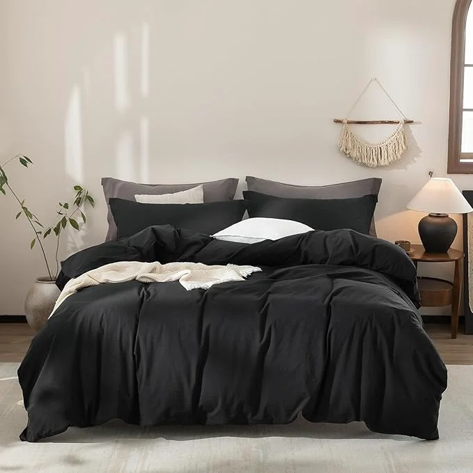 Effective Black Duvet Cover Full Size Washed Cotton Bedding Set Cover 1 Duvet Cover with Zipper Closure and 2 Pillowcases 90inch x 80inch Minimalist
