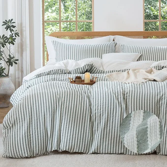 Excellent MILDLY Jacquard Stripe Duvet Cover - Washed Cotton Sage Green Textured Spring Comforter Cover 3pcs with Zipper Closure 104 quot x90 quot Refined