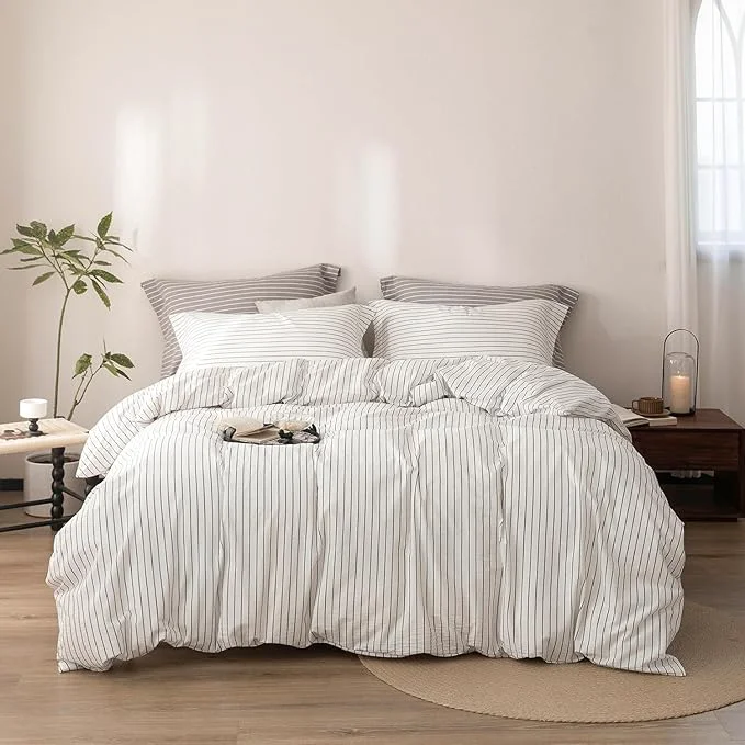 Consistent Stripe Duvet Cover Super Queen Size 98inch x 90inch Washed Cotton Linen Feel Duvet Cover with Zipper Closure and 2 Pillowcases Color of White-Dark Grey Stripe Superior