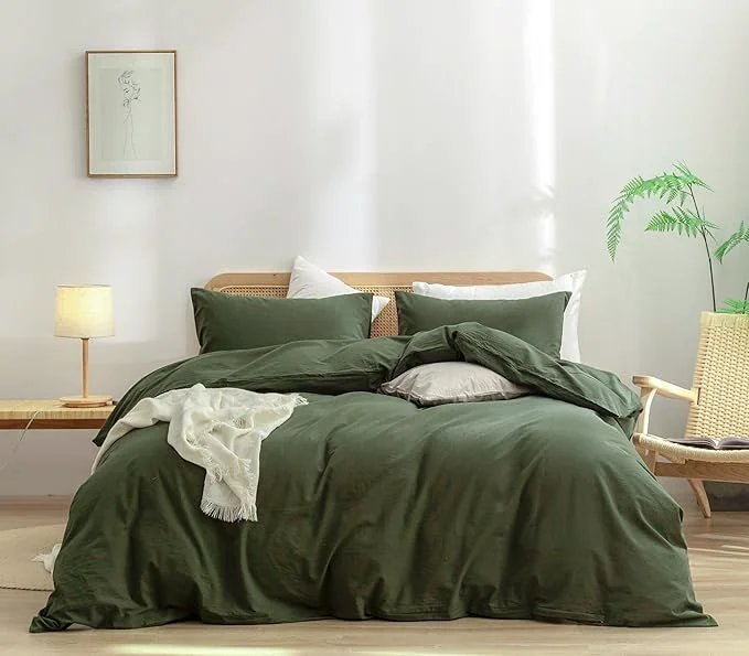 Artisan OUCH Duvet Cover Set Washed Cotton Linen Feel Super Soft Comfortable Chic Lightweight 3 PCs Home Bedding Set Solid Olive Green Alaska King Prestigious