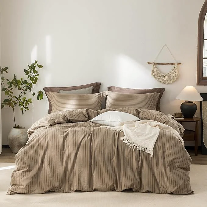 Exceptional Stripe Duvet Cover Queen Size 90inch x 90inch Washed Cotton Pinstripe Duvet Cover with Zipper Closure and 2 Pillowcases Color of Light Camel-Black Stripe Elite