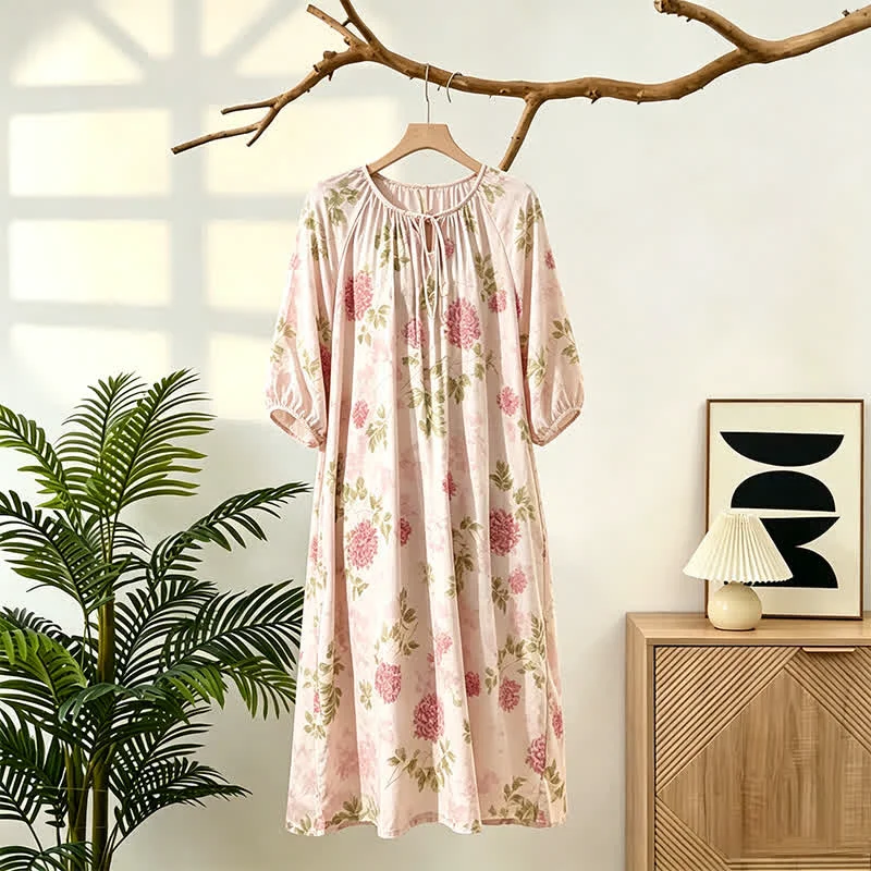 Minimalist Ownkoti Pink Chrysanthemum Floral Lounge Dress Comfortable