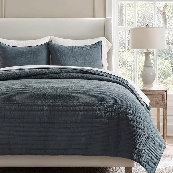 EVERGRACEHOME Cotton Modern Lines Quilt Set Queen Size Pre-Washed Soft Striped Coverlet Bedspread 3 Piece Lightweight Bedding Set for All Season with 2 Pillow Shams Midnight Blue Exceptional