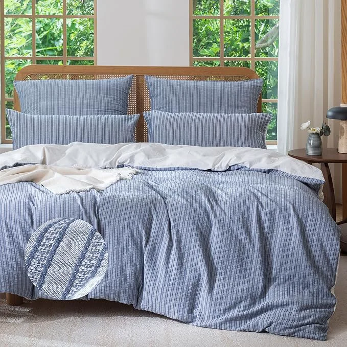 Recyclable MILDLY Jacquard Stripe Duvet Cover - Washed Cotton Blue Boho Textured Comforter Cover Set with Zipper Closure 104 quot x90 quot Durable