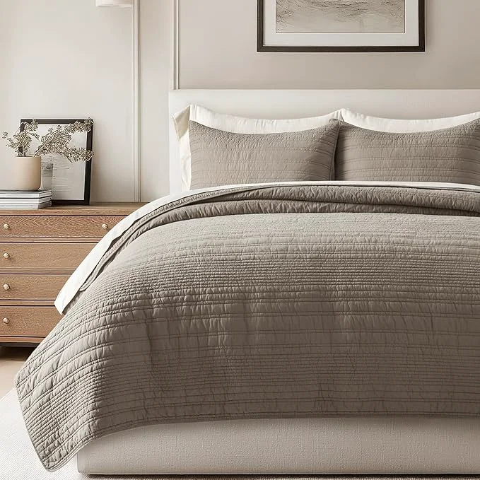 Fine Crafted EVERGRACEHOME Cotton Modern Lines Quilt Set King Size Pre-Washed Soft Striped Coverlet Bedspread 3 Piece Lightweight Bedding Set for All Season with 2 Pillow Shams Stone Taupe Trendy
