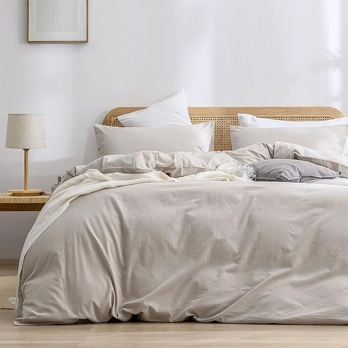Exceptional OUCH Duvet Cover Set Washed Cotton Linen Feel Super Soft Comfortable Chic Lightweight 3 PCs Home Bedding Set Solid Linen Grey Full Double Fashionable