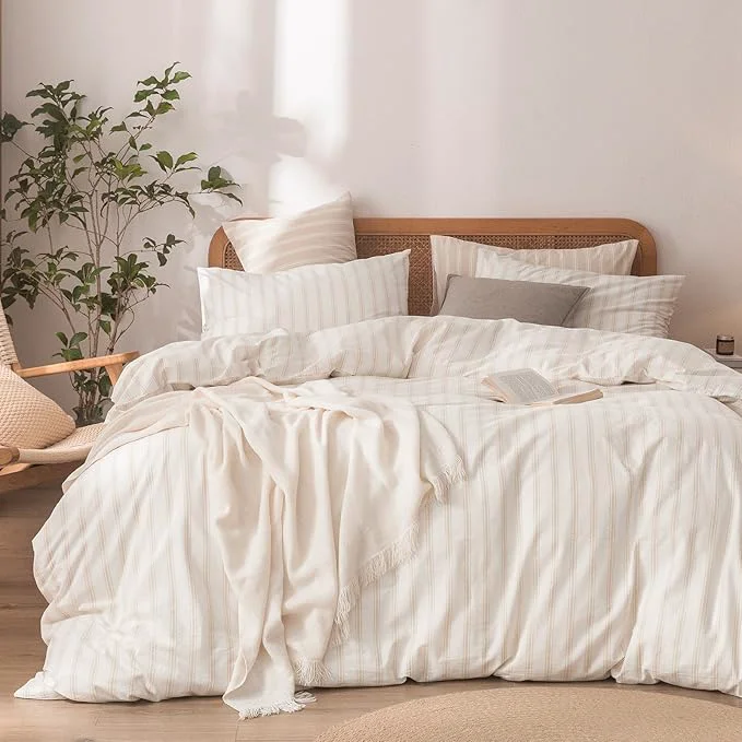 Functional OUCH Duvet Cover Set Washed Cotton Linen Feel Super Soft Comfortable Chic Lightweight 3 PCs Home Bedding Set White amp Almond Grey Stripes Queen Pure