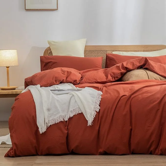 Pure OUCH Duvet Cover Set Washed Cotton Linen Feel Super Soft Comfortable Chic Lightweight 3 PCs Home Bedding Set Solid Burnt Brick Red King Breathable