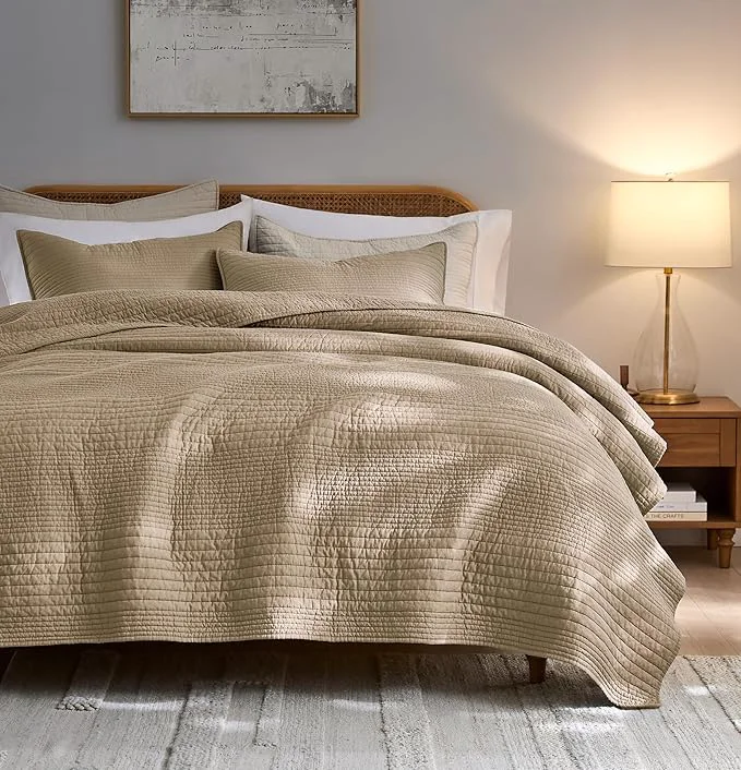 Solid palassio Striped Dark Beige Cotton Quilt Twin Size Bedding Sets Lightweight Crinkly Channel Pick Stitch Textured Bedspread Soft Shabby Chic Farmhouse Country Coverlet for All Season 1 Sham Minimalist